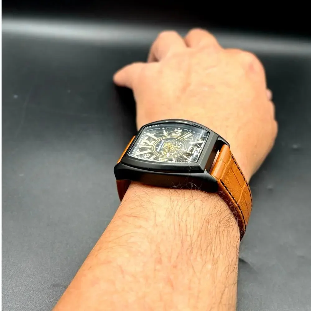 Kenneth Cole KC51083004 Automatic Skeleton Tonneau Leather Strap Men’s Watch